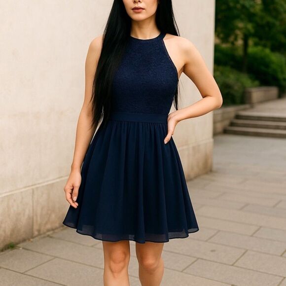 Lulus Lover's Game Navy Blue Lace Halter Neck Skater Dress Women’s Size Medium - Picture 1 of 13